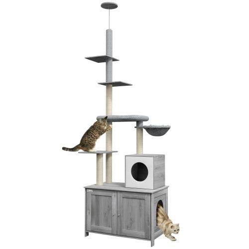 PawHut 2-in-1 Floor-to-Ceiling Cat Tree with Litter Box Enclosure - Pet's Dream