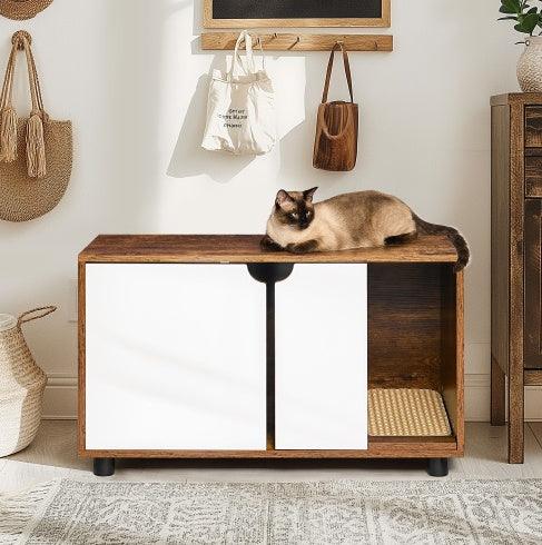 Cat Litter Box Enclosure, Cat Furniture Style With Double Doors, White Vintage - Pet's Dream