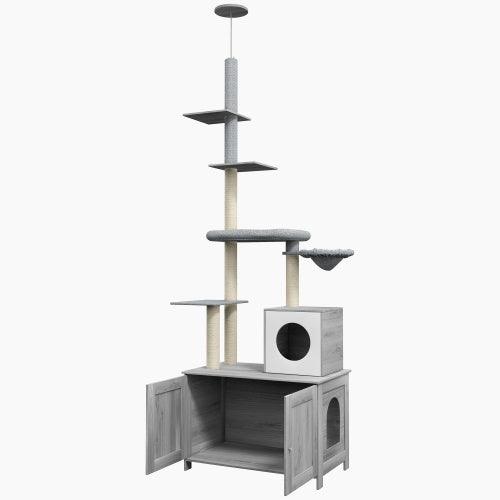 PawHut 2-in-1 Floor-to-Ceiling Cat Tree with Litter Box Enclosure - Pet's Dream