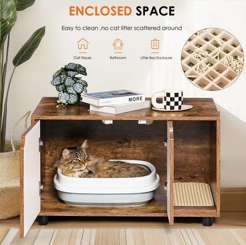 Cat Litter Box Enclosure, Cat Furniture Style With Double Doors, White Vintage - Pet's Dream