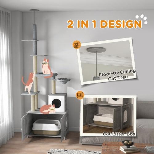 PawHut 2-in-1 Floor-to-Ceiling Cat Tree with Litter Box Enclosure - Pet's Dream